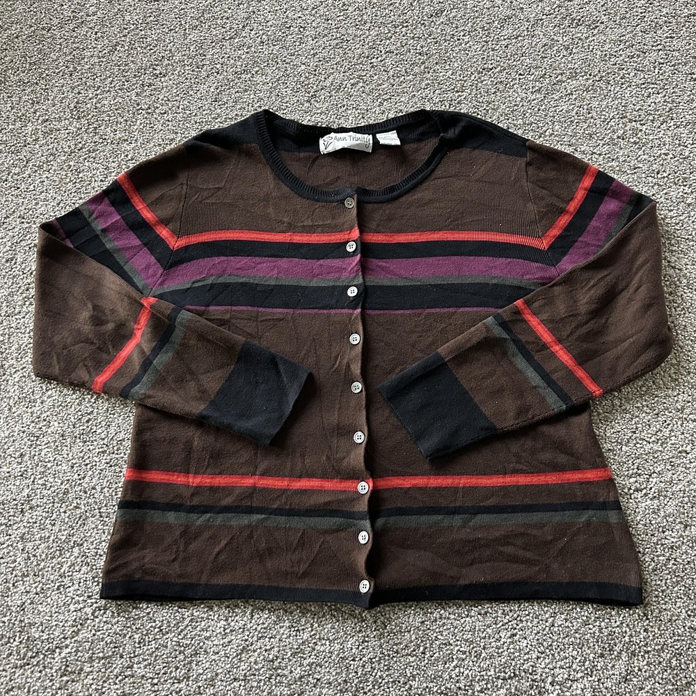 Ann Trinity Cardigan Sweater Womens Large Brown Striped Crew Neck Knit Button